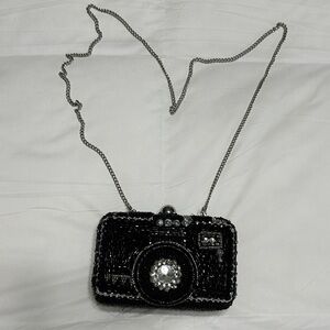 Beaded Camera Crossbody Bag in Black with Silver Accents